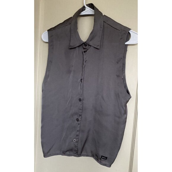 RVCA Gray Satiny Poly Blouse Keyhole Under Back Collar, Shirt Tails, Size XS/S - Picture 2 of 11